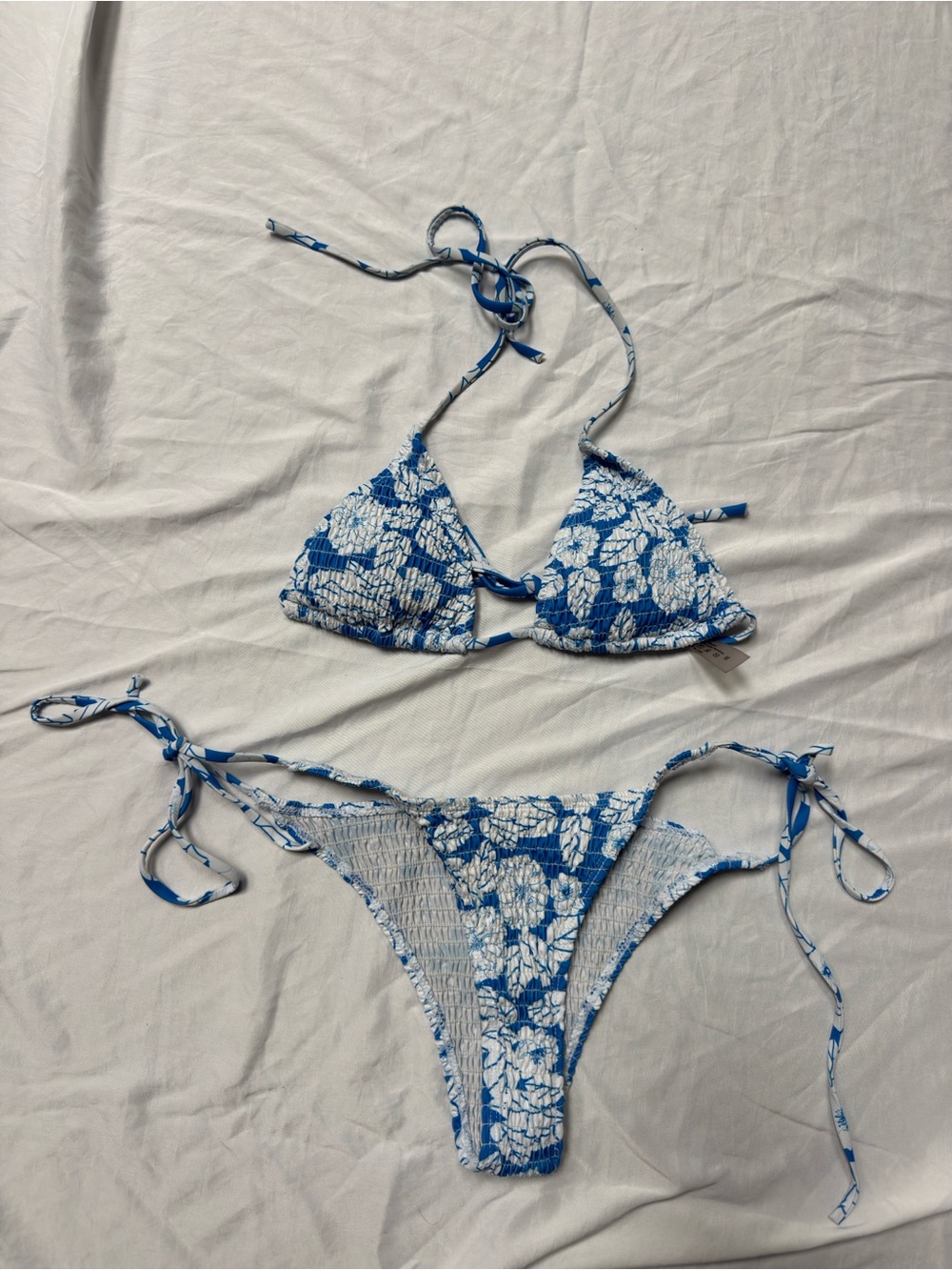 Blue & White Floral Tie-Side Bikini Set